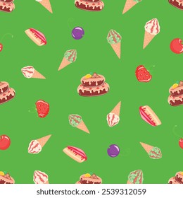 Berries and sweets will give you great taste and celebration, dessert, confectioner, sugar, vector,  isolated, art, food, jam, waffle cone, strawberry, cherry, currant, seamless pattern

