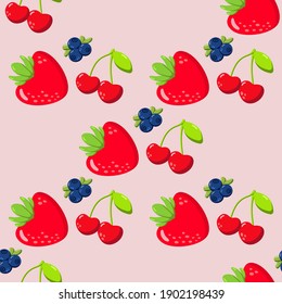 Berries trendy seamless pattern on pink background vector for cards, banners, wrapping paper, posters, scrapbooking, pillow, cups and kitchen fabric design. 