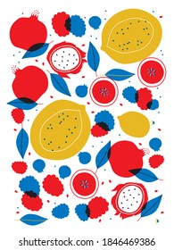 Berries, Tropical fruits. Funny colored typography poster, apparel print design, bar menu decoration. Vector abstract illustration. Fruits still life. EPS 10. Isolated. Love fruit.