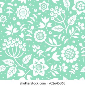 Berries and twigs, decorative background, seamless, mint, vector. White twigs with berries and flowers on mint background. Floral seamless pattern. 