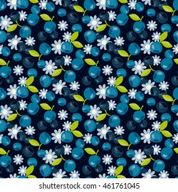 berries vector background illustration. blueberry, bilberry image. abstract decorative vintage motif. seamless pattern on dark blue backdrop. repeatable fabric or wrapping paper motif
