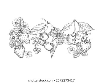 Berries vector black and white illustrations hand drawn with ink. Leaves, berries and flowers of strawberry, cherry, bilberry on a white background. Template for label design