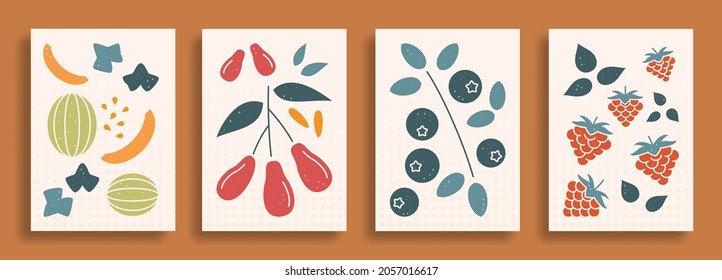 Berries vector illustration abstract still life of in pastel colors. Collection of contemporary art of berries melon dogwood blueberry raspberry for social media, poster, postcards.