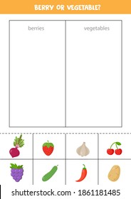 Beeren oder Gemüse. Sortiertes Spiel für Vorschulkinder. Lernlogisches Arbeitsblatt.