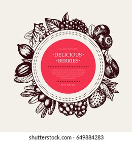 Berries - vintage vector hand drawn round postcard template. Realistic barberry, blackberry, wild strawberry, gooseberry, sweet cherry, dog rose, cloudberry, sea-buckthorn, plum, red currant.