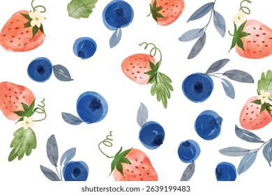 Berries watercolor art pattern frame background. Sweet strawberry in frame. Vector illustration. blueberry and strawberry pattern. Fruit berry background. Summer fruit texture