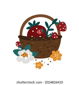 Berries in a wicker basket vector illustration isolated on white background. Gifts of nature. Ripe strawberry harvest in bast basket. Sweet treat for dessert. Organic eco farm products