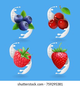 Berries and yogurt. Cherry, blueberry, strawberry and raspberry ain milk splash Realistic illustration