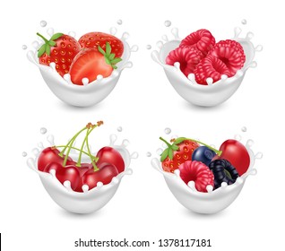 Berries yogurt. Berries with milk splashes. 3d realistic vector