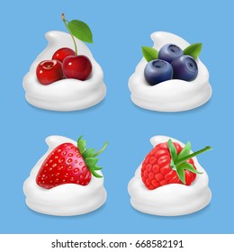 Berries and yogurt. Realistic illustration vector icon set