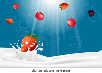 Berries in yogurt. Splashes milk off falling strawberry. Realistic vector illustration fruits