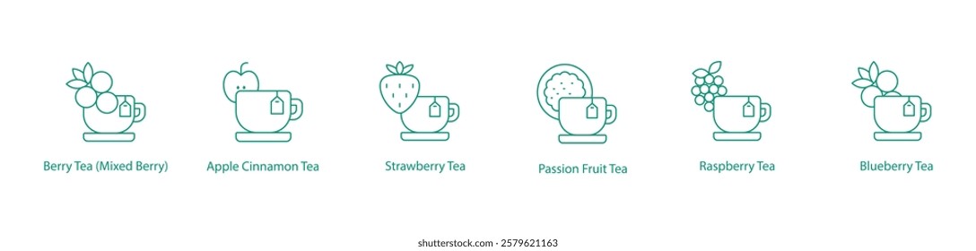 Berry, Apple Cinnamon, Strawberry, Passion Fruit, Raspberry, and Blueberry Tea Icon Set