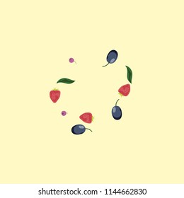 Berry background with blueberries, strawberries and plums on a light background.