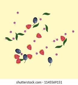 Berry background with blueberries, strawberries and plums on a light background.