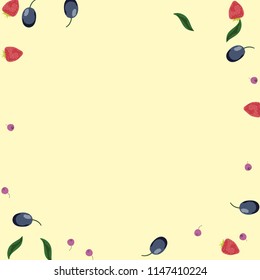 Berry background with blueberries, strawberries and plums on a light background.