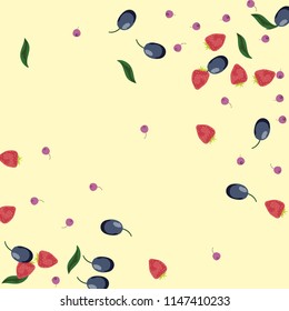 Berry background with blueberries, strawberries and plums on a light background.