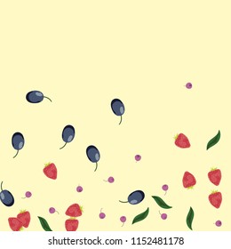 Berry background with blueberries, strawberries and plums on a light background.