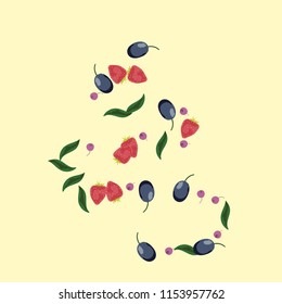 Berry background with blueberries, strawberries and plums on a light background.