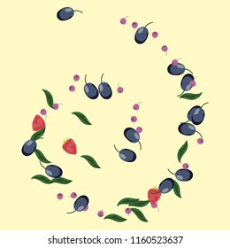 Berry background with blueberries, strawberries and plums on a light background.