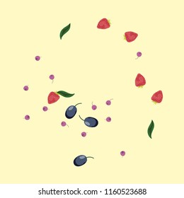Berry background with blueberries, strawberries and plums on a light background.
