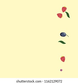 Berry background with blueberries, strawberries and plums on a light background.