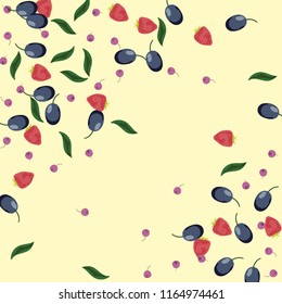 Berry background with blueberries, strawberries and plums on a light background.
