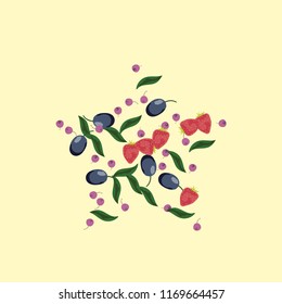 Berry background with blueberries, strawberries and plums on a light background.