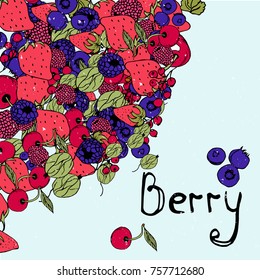 Berry background, bright graphics, strawberries, cherries, raspberries, blackberries, currants, gooseberries.