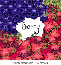 Berry background, bright graphics, strawberries, cherries, raspberries, blackberries, currants, gooseberries.