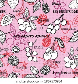 Berry background pattern with fruit names in French language. Vector.