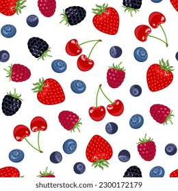 Berry background. Seamless pattern with strawberry, blueberry, bilberry, raspberry and blackberry. Vector cartoon flat illustration.