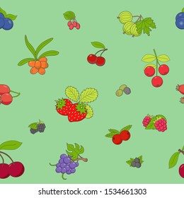 Berry background - Vector color seamless pattern of strawberry, raspberry, cherry, blueberry, cloudberry, dogrose and cranberry for graphic design