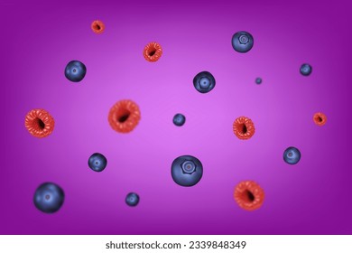 Fondo de Berry. Ilustración vectorial de frambuesas y arándanos azules. Mezcla de bayas jugosas sobre un fondo brillante. Realismo. Berries en movimiento con efecto desdibujado.
