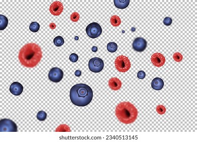 Berry background. Vector illustration of raspberries and blueberries. Juicy berry mix on a transparent background. Realism. Berries in motion with blur effect.