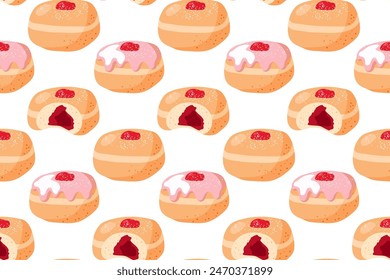 Berry Bakery donut Patrón sin fisuras. Ilustración vectorial plana de dibujos animados. Comida tradicional para la judía Festiva Hanukkah. Vector repetido del festival judío para el Fondo de pantalla, envoltura, textil, scrapbooking