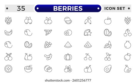 Berry and berries elements minimal thin line web icon set. Berries collection of vector Strawberry, cherry, raspberry and blueberry outline icon set.
