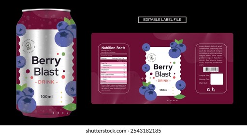 Berry Blast Juice Drink Label Design Template with Fresh Berry Illustration Vector Print Ready with mockup