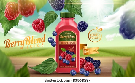 Berry blend bottled juice with fresh fruits on wooden table in 3d illustration, natural bokeh background