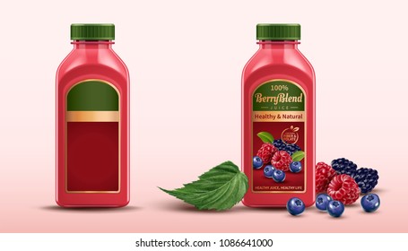 Berry blend bottled juice package design set with fresh fruits