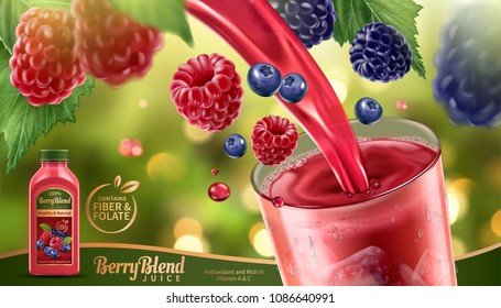 Berry blend juice with fresh fruits floating in the air and liquid pouring into a glass cup in 3d illustration, glittering bokeh background