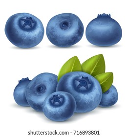 Berry blueberry set for icon, label, package and other designs. Realistic 3d vector illustration.