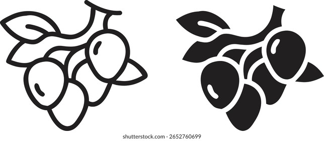 Conjunto de iconos de ramas de bayas: fruta de Vector blanco y negro con símbolo de hoja para diseño orgánico, de Naturaleza y de alimentos