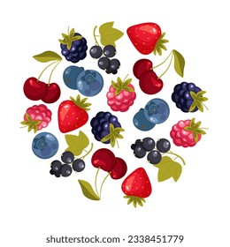 Berry Branch Round Composition Design with Sweet Tasty Garden Crop Vector Template.