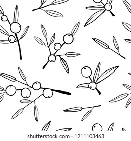 Berry branch seamless pattern. Black and white texture with hand drawn plants. Modern and original textile, wrapping paper, wall art design. Vector. Monochrome. Floral simple minimalistic graphic