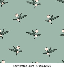 Berry branch seamless pattern. Texture with sketch hand drawn berries on green. Modern and original textile, wrapping paper, wall art design. Floral simple minimalistic graphic design. Outline vector