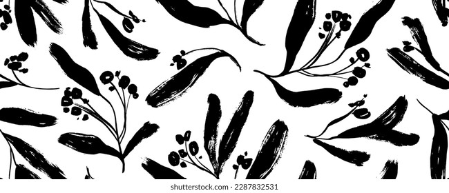 Berry branches vector seamless pattern. Brush drawn twig silhouettes. Vintage botanical seamless banner in sketch style. Natural organic ornament with black branches. Foliage silhouettes.