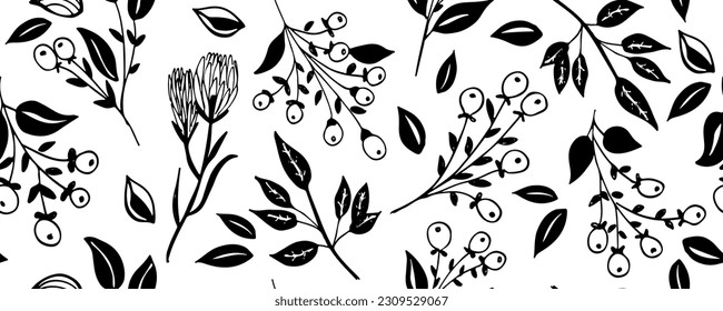 Berry branches vector seamless pattern. Brush drawn twig silhouettes. Vintage botanical seamless banner in sketch style. Natural organic ornament with black branches. 