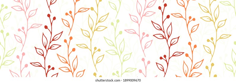 Berry bush branches botanical vector seamless pattern. Delicate floral textile print. Greenery plants leaves and blossom wallpaper. Berry bush sprouts home style endless ornament