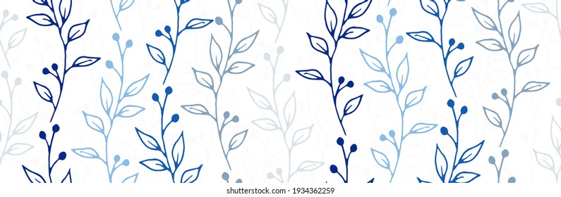 Berry bush branches botanical vector seamless background. Boho herbal graphic design. Meadow plants leaves and stems illustration. Berry bush twigs spring repeating pattern