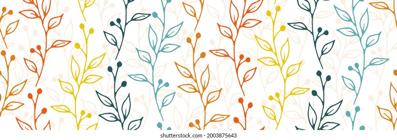 Rama del arbusto de berry ramifica el vector botánico sin fisuras. Impresión de tela herbal suave. Hojas de plantas de pradera y papel tapiz floreciente. El matorral de Berry brota una muestra interminable lineal